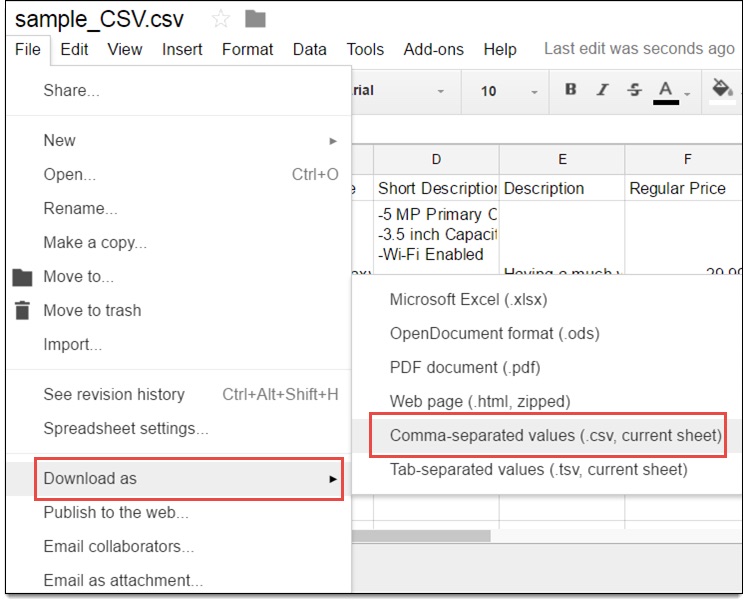 Google spreadsheet download csv